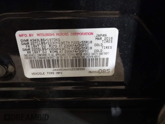 2016 Mitsubishi Outlander Sport 2.4 ES with VIN JA4AR3AWXGZ038950, listed as a IAAI auction lot 41339598 with 127,595 mi miles. Bid and sale history available at carsss.com. Image 9.