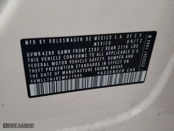 2012 Volkswagen Jetta Sedan TDI w/Premium with VIN 3VWLL7AJXCM417595, listed as a Copart auction lot 47739455 with 153,437 mi miles and Clean Title. Bid and sale history available at carsss.com. Image 12.
