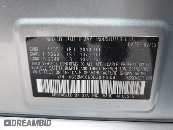 2013 Subaru Legacy Premium z VIN 4S3BMCC68D3036604, wystawiony jako IAAI lot #41956774 z przebiegiem 145 211 mil mil oraz . Historia ofert i sprzedaży dostępna na DreamBid. Obrazek 9.