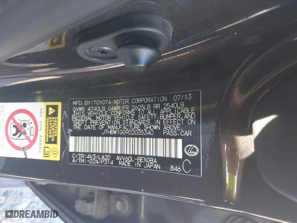 2013 Lexus ES 300h Hybrid with VIN JTHBW1GG9D2035340, listed as a IAAI auction lot 40919219 with 171,292 mi miles. Bid and sale history available at carsss.com. Image 9.
