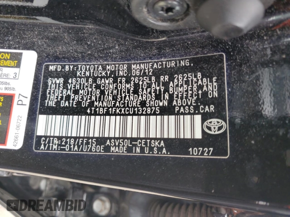 2012 Toyota Camry L with VIN 4T1BF1FKXCU132875, listed as a Copart auction lot 52158835 with 204,201 mi miles and Non Repairable. Bid and sale history available at carsss.com. Image 12.