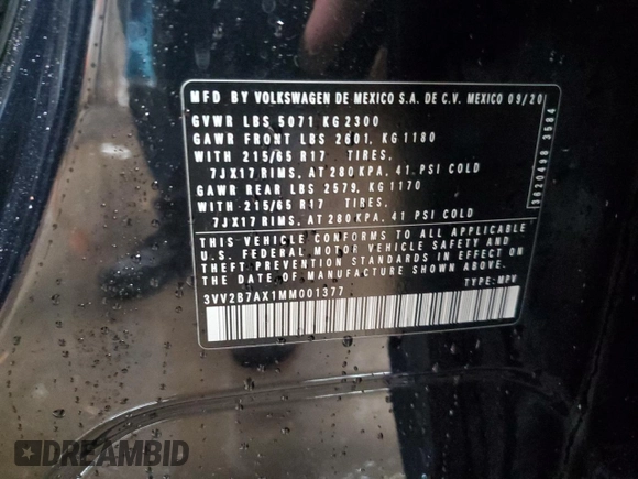 2021 Volkswagen Tiguan SE z VIN 3VV2B7AX1MM001377, wystawiony jako Copart lot #49893775 z przebiegiem 61 422 mil mil oraz Szkoda całkowita • Salvage title. Historia ofert i sprzedaży dostępna na DreamBid. Obrazek 12.