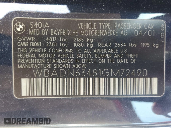2001 BMW 5 Series 540i with VIN WBADN63481GM72490, listed as a Copart auction lot 48681505 with Not provided miles and Salvage title. Bid and sale history available at DreamBid. Image 13.