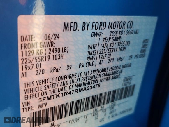 2024 Ford Mustang Mach-E Select z VIN 3FMTK1R47RMA23476, wystawiony jako Copart lot #57778105 z przebiegiem Nie podano mil oraz Nie do naprawy • Non repairable. Historia ofert i sprzedaży dostępna na DreamBid. Obrazek 13.