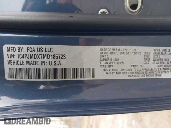 2021 Jeep Cherokee Limited with VIN 1C4PJMDX7MD185723, listed as a IAAI auction lot 42006135 with 41,614 mi miles and . Bid and sale history available at DreamBid. Image 9.