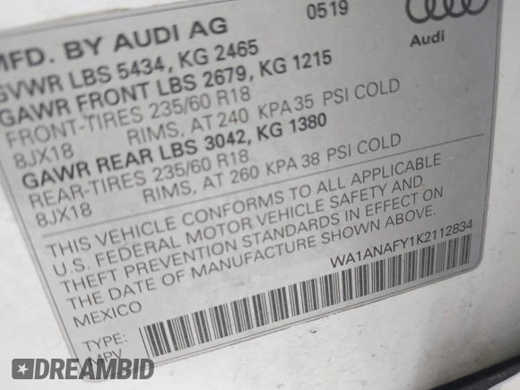 2019 Audi Q5 Premium with VIN WA1ANAFY1K2112834, listed as a IAAI auction lot 42443822 with 98,579 mi miles and . Bid and sale history available at DreamBid. Image 9.