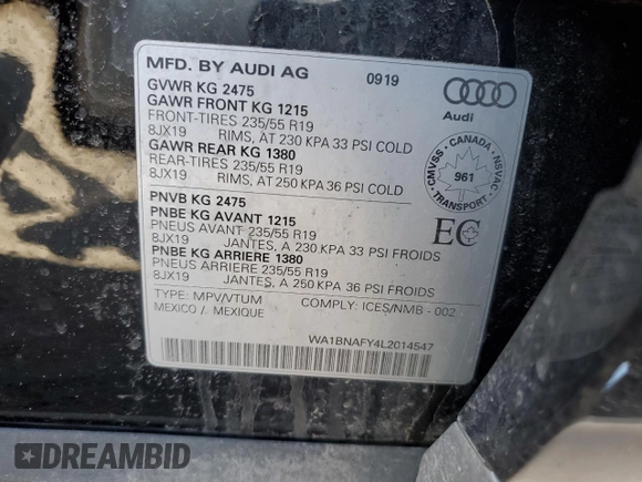 2020 Audi Q5 Premium Plus with VIN WA1BNAFY4L2014547, listed as a Copart auction lot 51074875 with 158,278 mi miles and Clean Title. Bid and sale history available at carsss.com. Image 13.