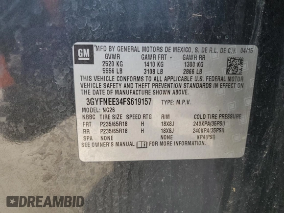 2015 Cadillac SRX Luxury Collection with VIN 3GYFNEE34FS619157, listed as a Copart auction lot 48331665 with 130,477 mi miles and Salvage Title. Bid and sale history available at DreamBid. Image 14.