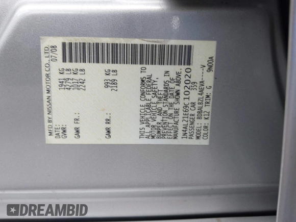 2009 Nissan Altima S with VIN 1N4AL21E69C102020, listed as a IAAI auction lot 41805102 with 151,616 mi miles and . Bid and sale history available at DreamBid. Image 9.