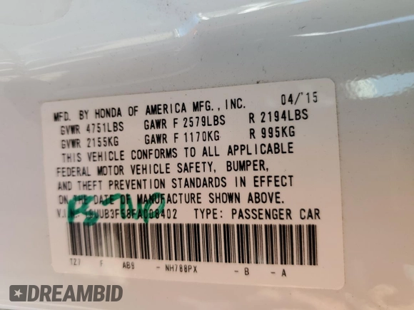 2015 Acura TLX Technology with VIN 19UUB3F58FA008402, listed as a Copart auction lot 57686025 with 45,368 mi miles and Salvage title. Bid and sale history available at DreamBid. Image 12.