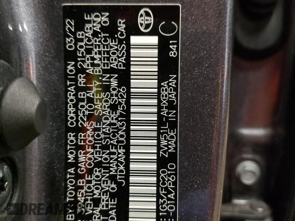 2022 Toyota Prius L Eco with VIN JTDKAMFU0N3175426, listed as a Copart auction lot 52316095 with 78,514 mi miles and Non repairable. Bid and sale history available at DreamBid. Image 13.