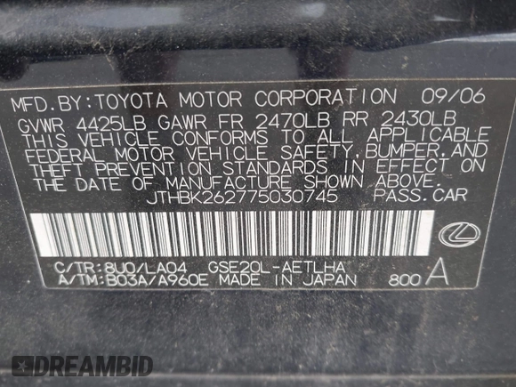 2007 Lexus IS 250 z VIN JTHBK262775030745, wystawiony jako IAAI lot #42224823 z przebiegiem 185 295 mil mil oraz . Historia ofert i sprzedaży dostępna na DreamBid. Obrazek 9.