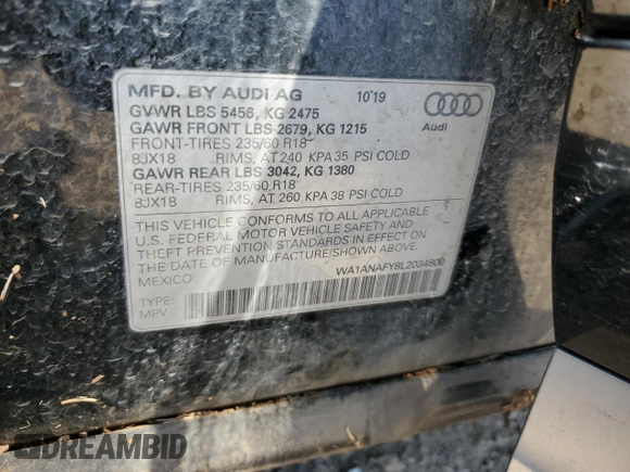 2020 Audi Q5 Premium with VIN WA1ANAFY8L2034800, listed as a Copart auction lot 56283985 with 121,952 mi miles and Salvage title. Bid and sale history available at DreamBid. Image 13.