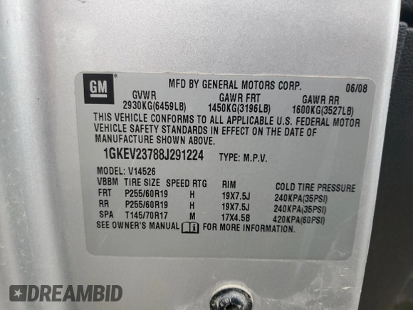 2008 GMC Acadia SLT1 with VIN 1GKEV23788J291224, listed as a Copart auction lot 81966044 with 193,340 mi miles and Non Repairable. Bid and sale history available at DreamBid. Image 13.