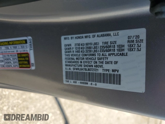2020 Honda Odyssey EX-L with VIN 5FNRL6H78LB072721, listed as a Copart auction lot 48892095 with 39,634 mi miles and Salvage Title. Bid and sale history available at carsss.com. Image 15.