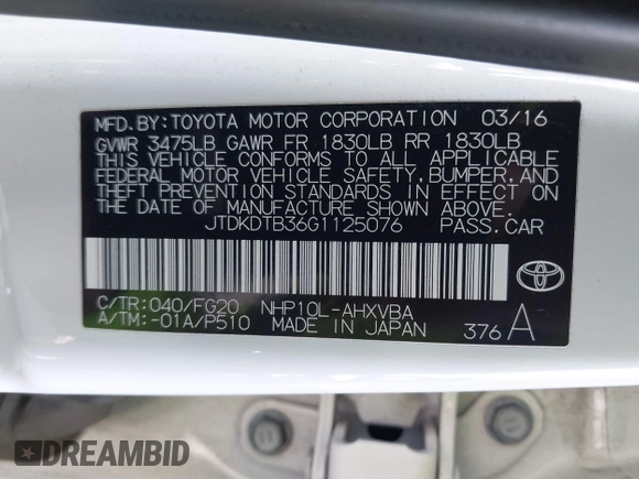 2016 Toyota Prius One with VIN JTDKDTB36G1125076, listed as a IAAI auction lot 42054095 with 111,139 mi miles and . Bid and sale history available at DreamBid. Image 9.