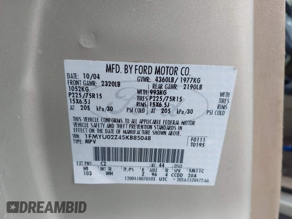 2005 Ford Escape XLS Value with VIN 1FMYU02Z45KB85048, listed as a IAAI auction lot 42309081 with 106,395 mi miles and . Bid and sale history available at DreamBid. Image 9.