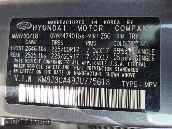 2018 Hyundai Tucson SEL with VIN KM8J3CA49JU775613, listed as a Copart auction lot 55073095 with 136,900 mi miles and Clean title. Bid and sale history available at DreamBid. Image 13.