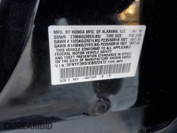 2014 Honda Pilot EX-L with VIN 5FNYF3H51EB022472, listed as a Copart auction lot 86542704 with 142,829 mi miles and Salvage Title. Bid and sale history available at DreamBid. Image 13.