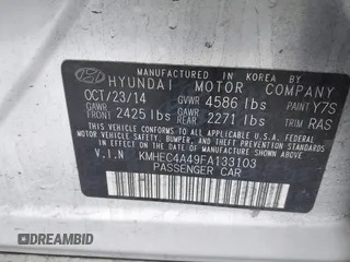 2015 Hyundai Sonata Hybrid Limited with VIN KMHEC4A49FA133103, listed as a IAAI auction lot 41885524 with 122,261 mi miles. Bid and sale history available at carsss.com. Image 9.