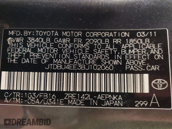 2011 Toyota Corolla L with VIN JTDBU4EE3BJ102060, listed as a IAAI auction lot 42140081 with 125,989 mi miles. Bid and sale history available at carsss.com. Image 9.