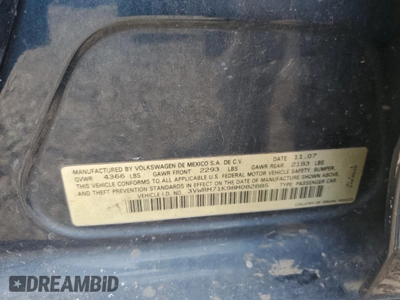 2008 Volkswagen Jetta SE z VIN 3VWRM71K98M082885, wystawiony jako Copart lot #57521515 z przebiegiem 162 641 mil mil oraz Szkoda całkowita • Salvage title. Historia ofert i sprzedaży dostępna na DreamBid. Obrazek 12.