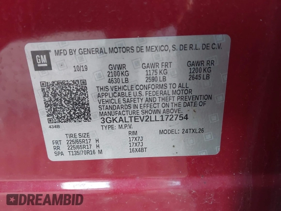 2020 GMC Terrain SLE with VIN 3GKALTEV2LL172754, listed as a IAAI auction lot 41834716 with 44,999 mi miles. Bid and sale history available at carsss.com. Image 9.