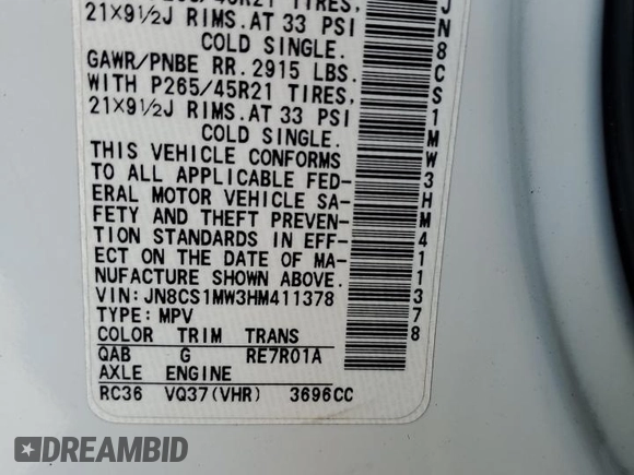 2017 Infiniti QX70 with VIN JN8CS1MW3HM411378, listed as a Copart auction lot 50746075 with 36,738 mi miles and Salvage title. Bid and sale history available at DreamBid. Image 15.