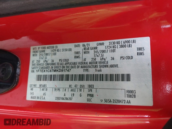 2021 Ford F-150 XL with VIN 1FTEX1C87MKD91747, listed as a IAAI auction lot 41567531 with 146,817 mi miles and . Bid and sale history available at DreamBid. Image 9.