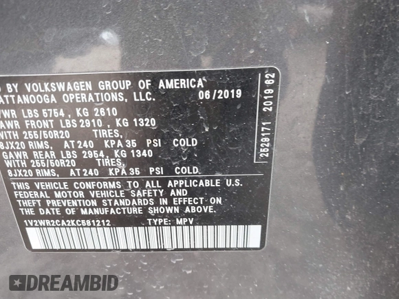 2019 Volkswagen Atlas SE with VIN 1V2WR2CA2KC581212, listed as a IAAI auction lot 41631619 with 122,160 mi miles and . Bid and sale history available at DreamBid. Image 9.