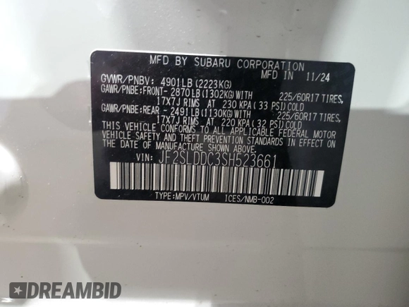 2025 Subaru Forester Premium with VIN JF2SLDDC3SH523661, listed as a Copart auction lot 57721475 with 1,075 mi miles and Salvage title. Bid and sale history available at DreamBid. Image 13.