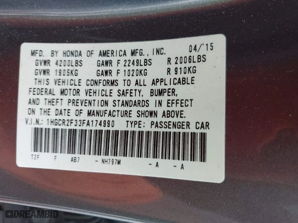 2015 Honda Accord Sedan LX with VIN 1HGCR2F33FA174990, listed as a IAAI auction lot 41786132 with 223,051 mi miles. Bid and sale history available at carsss.com. Image 9.