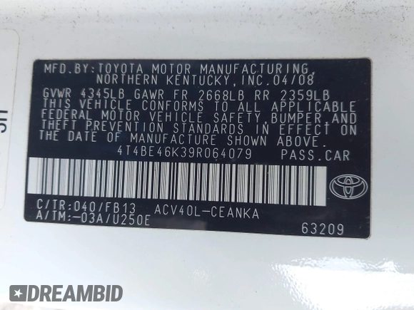 2009 Toyota Camry with VIN 4T4BE46K39R064079, listed as a IAAI auction lot 41950516 with 185,884 mi miles. Bid and sale history available at carsss.com. Image 9.