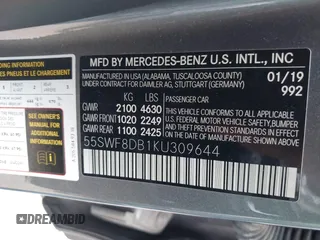 2019 Mercedes-Benz C 300 with VIN 55SWF8DB1KU309644, listed as a IAAI auction lot 41886116 with Not Provided miles and . Bid and sale history available at DreamBid. Image 9.