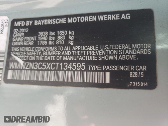2012 MINI Convertible с VIN WMWZN3C5XCT134595, выставлен на аукционе Copart как лот 52752455 с пробегом 145 915 миль миль и Чистый • Clean title. История ставок и продаж доступна на DreamBid. Изображение 12.