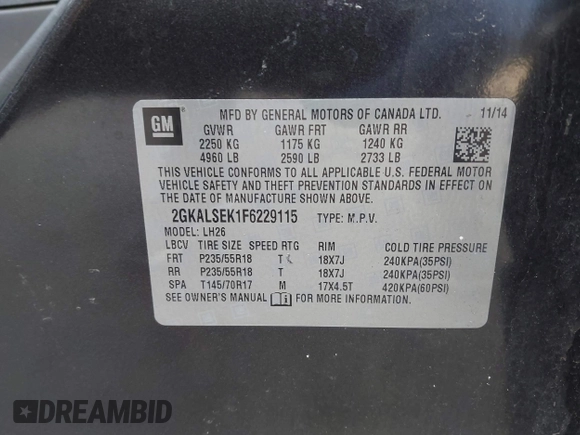 2015 GMC Terrain SLT with VIN 2GKALSEK1F6229115, listed as a IAAI auction lot 41874642 with 174,949 mi miles. Bid and sale history available at carsss.com. Image 9.