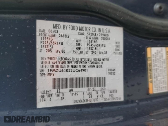 2003 Ford Explorer Eddie Bauer with VIN 1FMZU64K33UC64901, listed as a Copart auction lot 56645445 with Not provided miles and Salvage title. Bid and sale history available at DreamBid. Image 13.