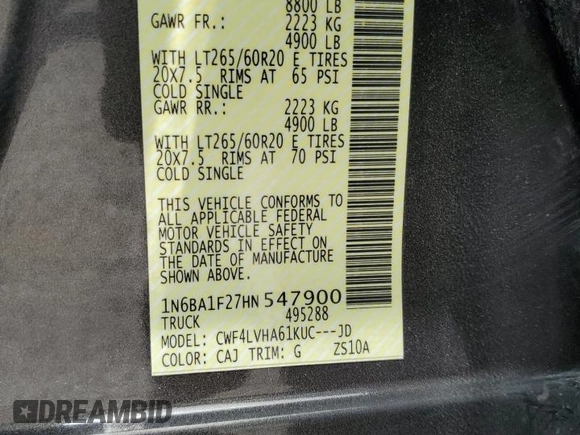 2017 Nissan Titan SL z VIN 1N6BA1F27HN547900, wystawiony jako Copart lot #61768145 z przebiegiem 148 383 mil mil oraz Szkoda całkowita • Salvage title. Historia ofert i sprzedaży dostępna na DreamBid. Obrazek 12.