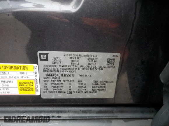 2014 GMC Acadia SLT with VIN 1GKKVSKD1EJ295010, listed as a Copart auction lot 83828794 with 137,443 mi miles and Salvage Title. Bid and sale history available at carsss.com. Image 15.
