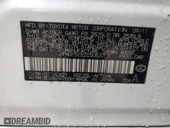 2012 Lexus IS 250 with VIN JTHCF5C22C5053701, listed as a Copart auction lot 45096585 with 194,234 mi miles and Salvage title. Bid and sale history available at DreamBid. Image 12.