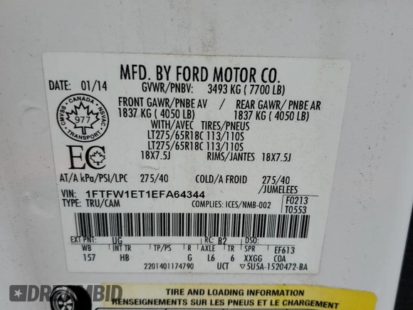 2014 Ford F-150 XL with VIN 1FTFW1ET1EFA64344, listed as a Copart auction lot 58009985 with 94,713 mi miles and Clean title. Bid and sale history available at DreamBid. Image 12.