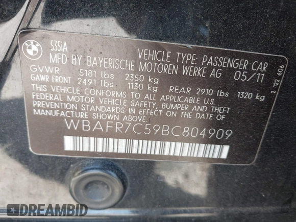 2011 BMW 5 Series 535i with VIN WBAFR7C59BC804909, listed as a IAAI auction lot 41797649 with 158,860 mi miles and . Bid and sale history available at carsss.com. Image 9.