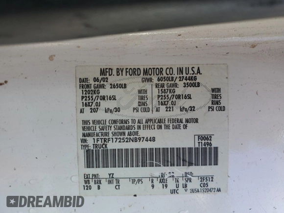2002 Ford F-150 XL with VIN 1FTRF17252NB97448, listed as a Copart auction lot 59688015 with Not provided miles and Salvage title. Bid and sale history available at DreamBid. Image 12.