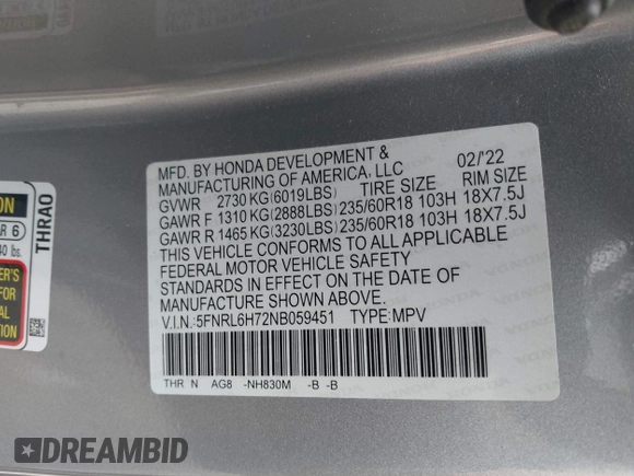 2022 Honda Odyssey EX-L with VIN 5FNRL6H72NB059451, listed as a IAAI auction lot 41454609 with 47,830 mi miles and . Bid and sale history available at DreamBid. Image 9.