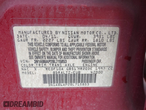2011 Nissan Sentra SR with VIN 3N1AB6AP2BL715853, listed as a IAAI auction lot 41440942 with 167,929 mi miles and . Bid and sale history available at DreamBid. Image 9.