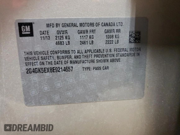 2014 Buick Regal with VIN 2G4GK5EX8E9214657, listed as a Copart auction lot 54004055 with 102,212 mi miles and Clean Title. Bid and sale history available at DreamBid. Image 12.