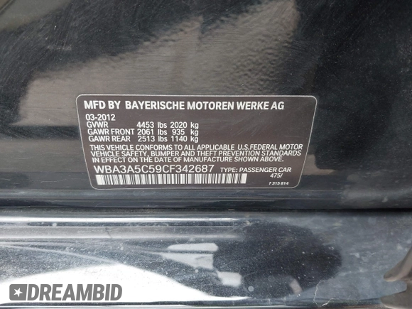 2012 BMW 3 Series 328i with VIN WBA3A5C59CF342687, listed as a IAAI auction lot 42116175 with 139,559 mi miles. Bid and sale history available at carsss.com. Image 9.