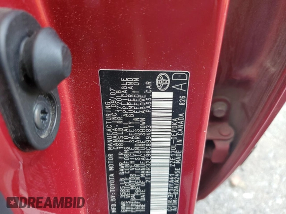 2008 Toyota Corolla CE with VIN 2T1BR32E98C899483, listed as a Copart auction lot 55488275 with 155,884 mi miles and Salvage Title. Bid and sale history available at DreamBid. Image 12.