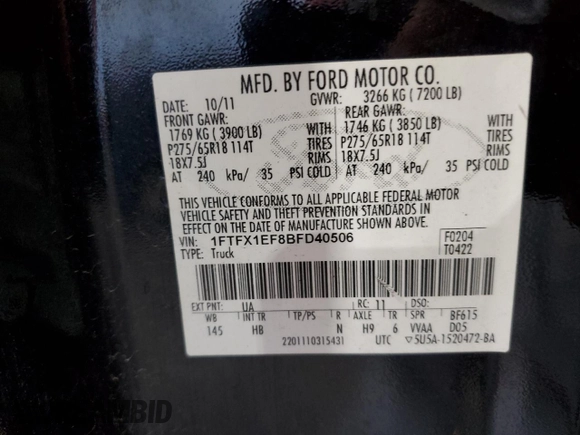 2011 Ford F-150 XL with VIN 1FTFX1EF8BFD40506, listed as a Copart auction lot 82525844 with 226,291 mi miles and Non repairable. Bid and sale history available at DreamBid. Image 12.