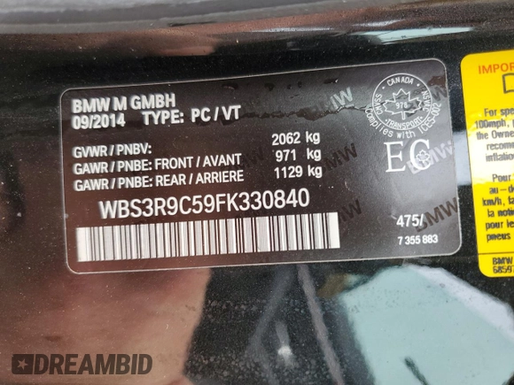 2015 BMW M4 with VIN WBS3R9C59FK330840, listed as a Copart auction lot 58437333 with 0 mi miles. Bid and sale history available at carsss.com. Image 14.